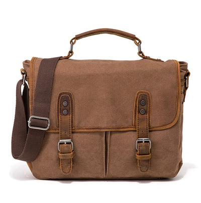 Horse Leather Retro Canvas Briefcase – Laptop Bag with Multiple Compartments, Crossbody & Shoulder Carry, Khaki/Black/Brown/Army Green