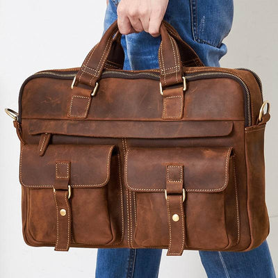 Men’s Genuine Leather Business Briefcase – Retro Cowhide Laptop Bag (Fits 15.6-Inch) with Crossbody Strap - grabzbags.com