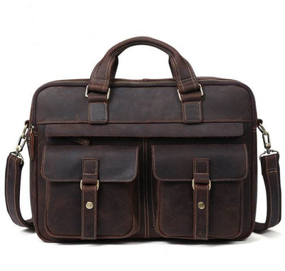Men’s Genuine Leather Business Briefcase – Retro Cowhide Laptop Bag (Fits 15.6-Inch) with Crossbody Strap - grabzbags.com