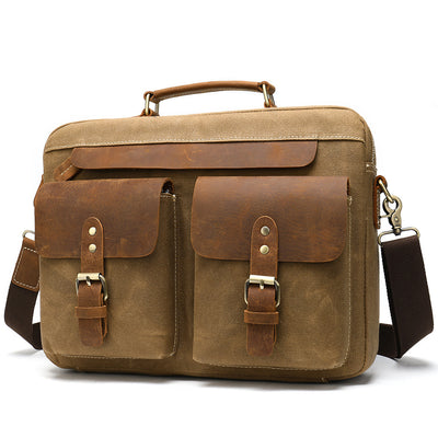 Cowhide & Canvas Briefcase – Horizontal Square Laptop Handbag for Men & Women, 15-Inch Computer Bag
