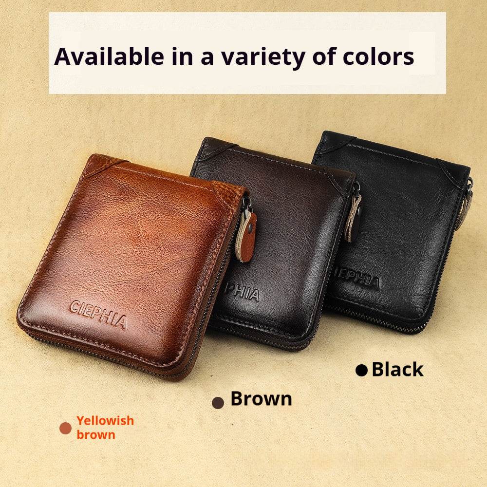 Men’s Short Leather Wallet – RFID Anti-Theft Zipper Wallet with Multifunctional Design - grabzbags.com