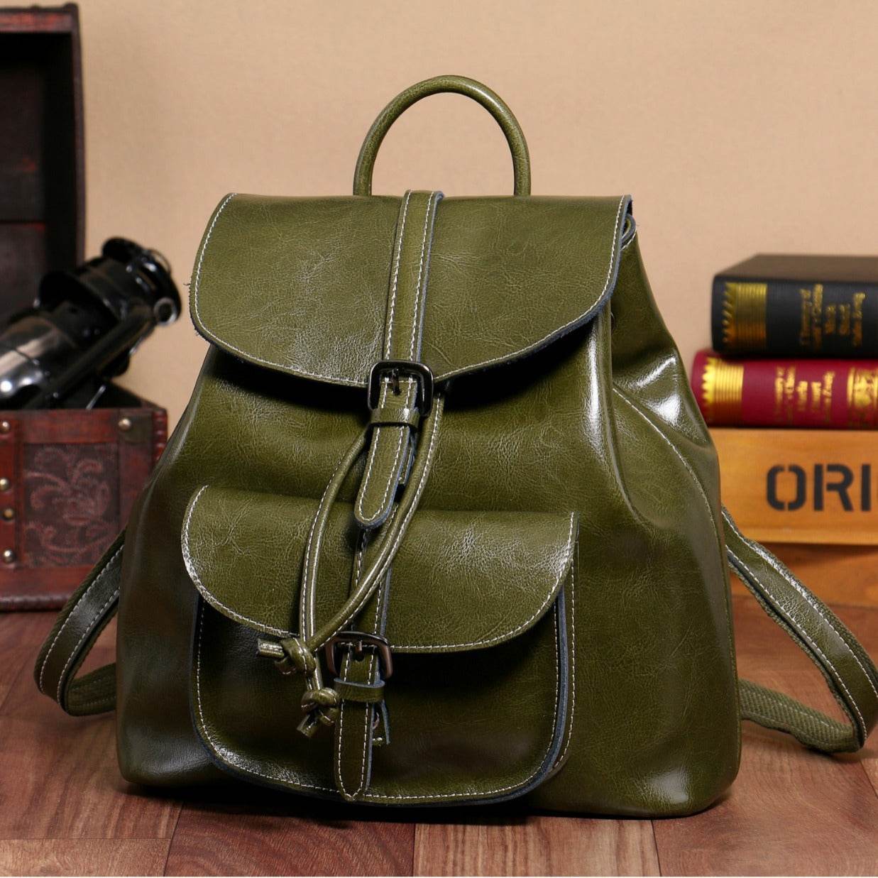 Women’s Korean Style Cowhide Backpack – Drawstring Pocket Leather Bag - grabzbags.com