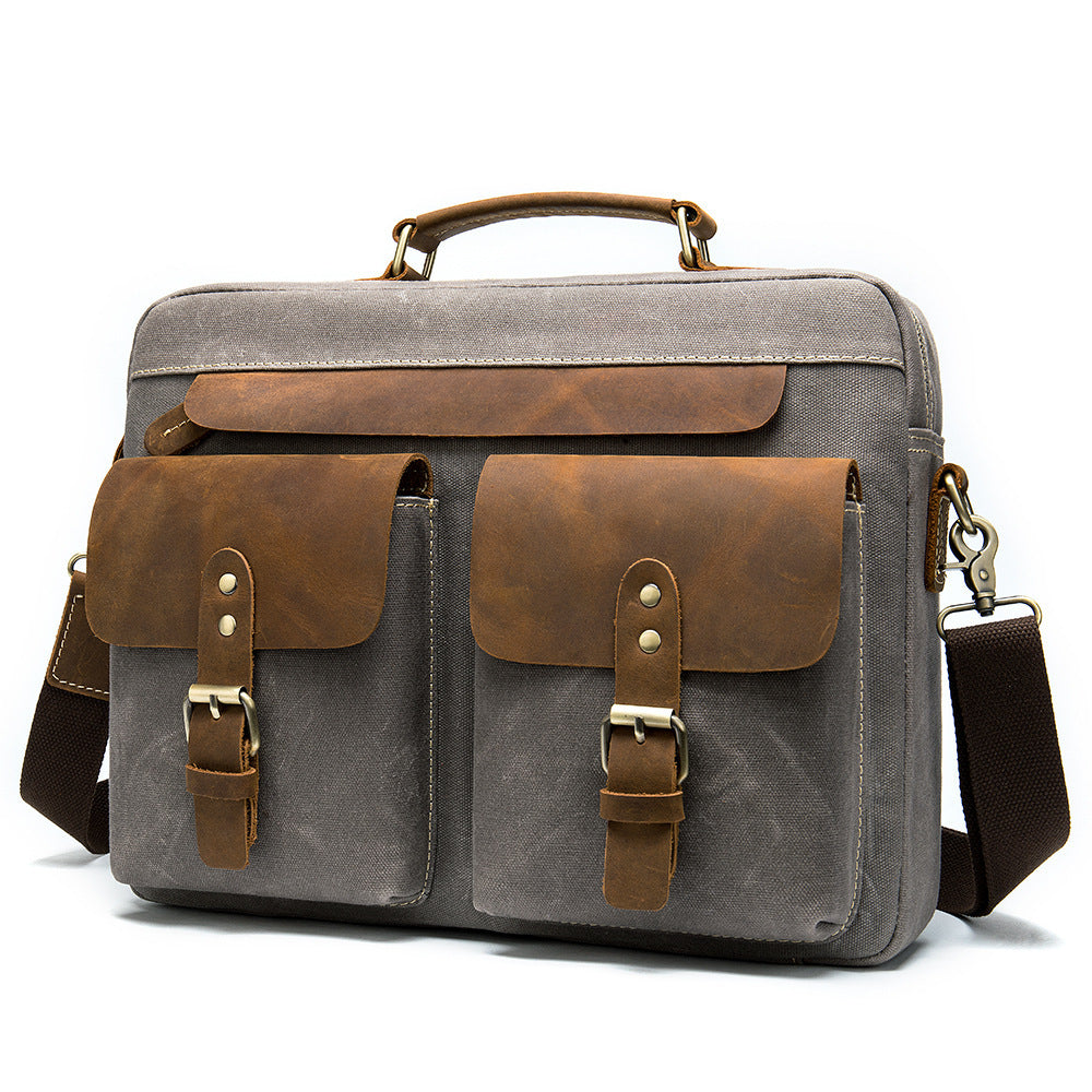 Cowhide & Canvas Briefcase – Horizontal Square Laptop Handbag for Men & Women, 15-Inch Computer Bag