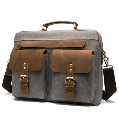Cowhide & Canvas Briefcase – Horizontal Square Laptop Handbag for Men & Women, 15-Inch Computer Bag