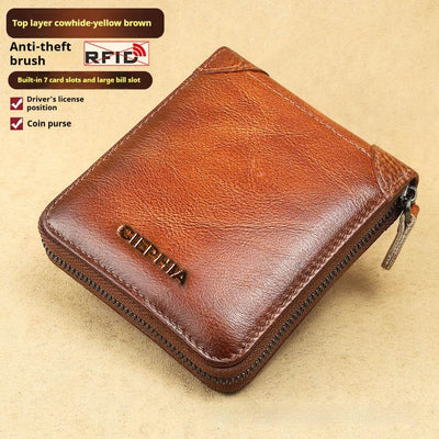 Men’s Short Leather Wallet – RFID Anti-Theft Zipper Wallet with Multifunctional Design - grabzbags.com