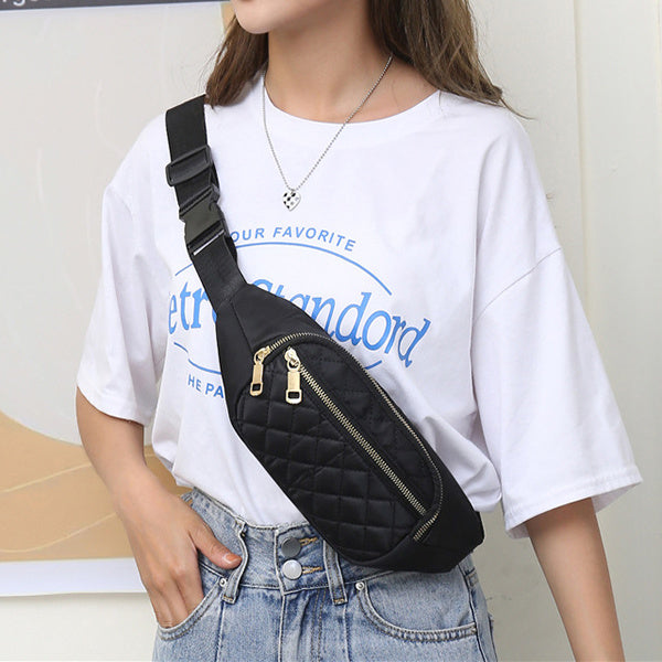Trendy women’s nylon fanny pack with multiple pockets. Lightweight, durable crossbody waist bag perfect for running, hiking, cycling, and travel.