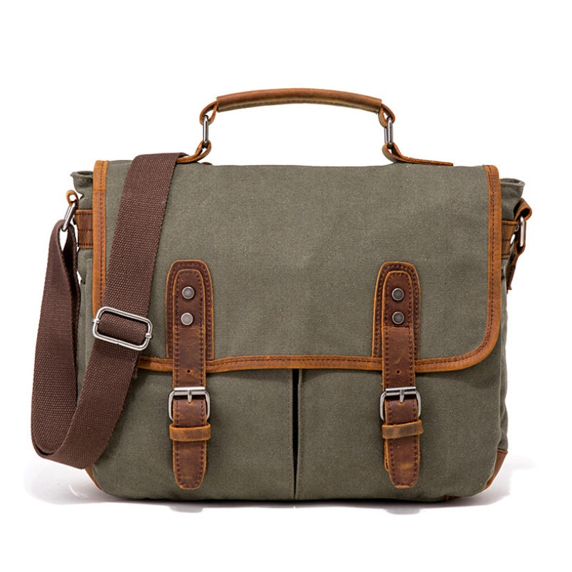 Horse Leather Retro Canvas Briefcase – Laptop Bag with Multiple Compartments, Crossbody & Shoulder Carry, Khaki/Black/Brown/Army Green