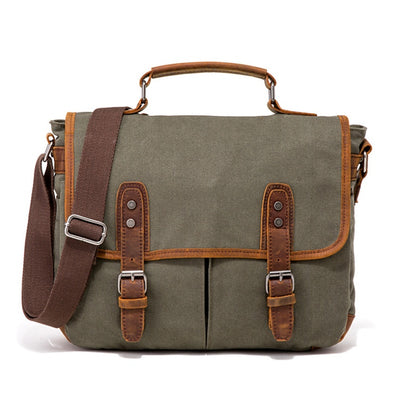 Horse Leather Retro Canvas Briefcase – Laptop Bag with Multiple Compartments, Crossbody & Shoulder Carry, Khaki/Black/Brown/Army Green