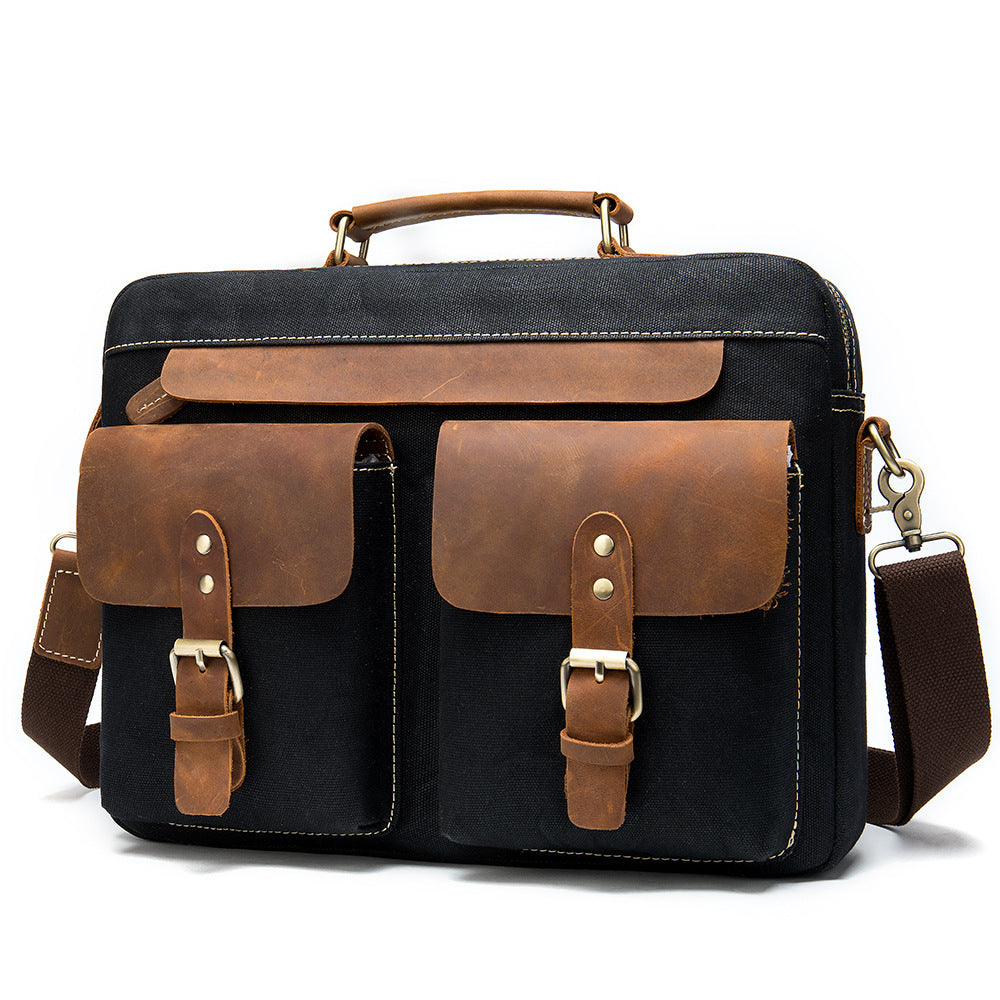 Cowhide & Canvas Briefcase – Horizontal Square Laptop Handbag for Men & Women, 15-Inch Computer Bag