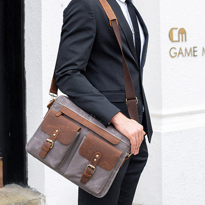 Cowhide & Canvas Briefcase – Horizontal Square Laptop Handbag for Men & Women, 15-Inch Computer Bag