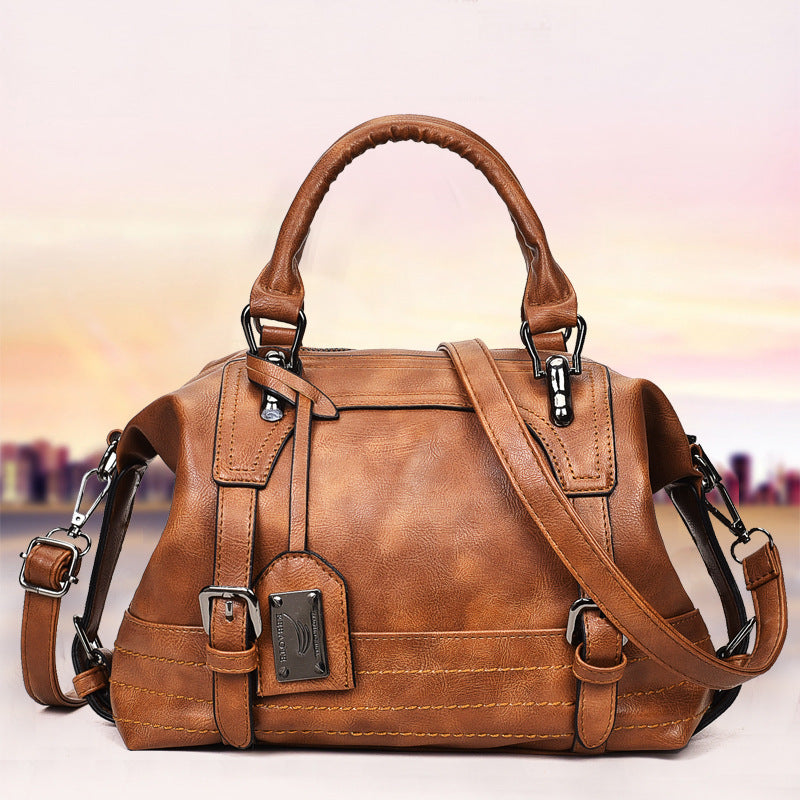 European & American Style PU Leather Boston Bag for Women – Large Retro Handbag with Belt Decoration, Trendy Cross-Border Fashion Tote