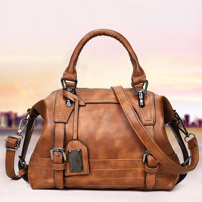 European & American Style PU Leather Boston Bag for Women – Large Retro Handbag with Belt Decoration, Trendy Cross-Border Fashion Tote