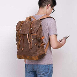 Retro Waxed Canvas & Crazy Horse Leather Backpack – Vintage Hiking & Casual Travel Bag - grabzbags.com