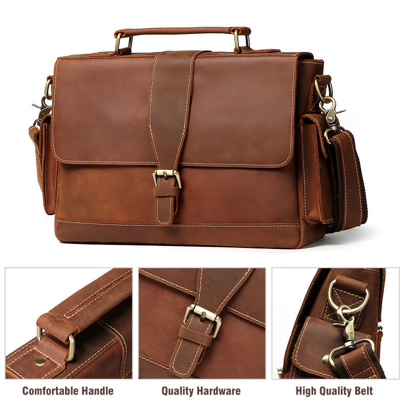 Men’s Italian Cow Leather Business Briefcase – Professional Office Laptop Bag, Brown