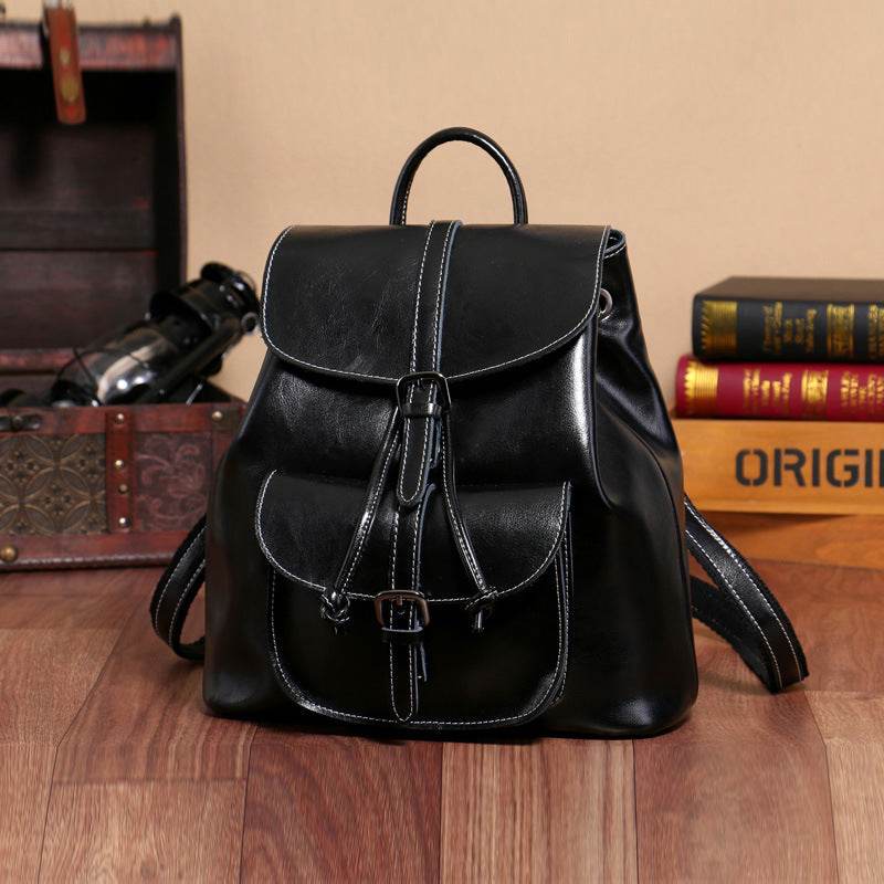 Women’s Korean Style Cowhide Backpack – Drawstring Pocket Leather Bag - grabzbags.com