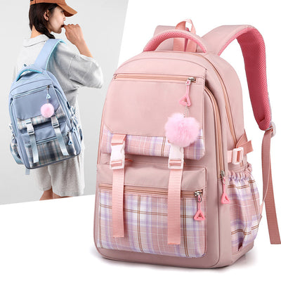 Stylish waterproof nylon girls backpack with multi-layer storage & laptop compartment. Lightweight, breathable, and perfect for junior high students.
