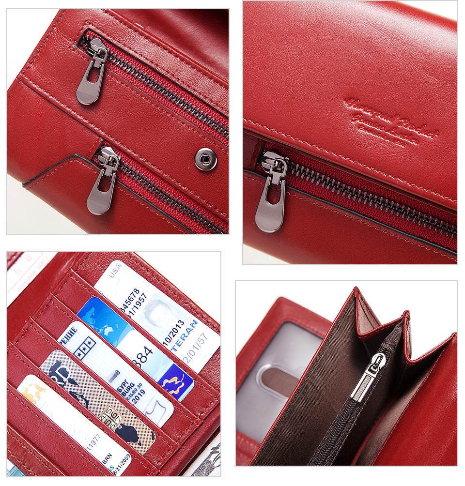 Women's Long Cowhide Leather Wallet – RFID-Blocking Handbag with Multiple Card Slots & Coin Pocket - grabzbags.com