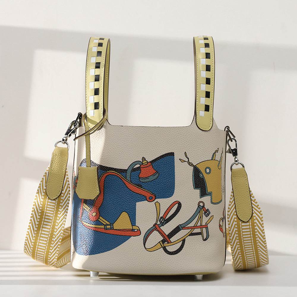 Cowhide Painted Vegetable Basket Bag – Portable Women’s Shoulder Bag with Adjustable Strap - grabzbags.com