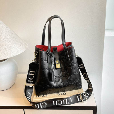 Letter Embossed Solid Color Retro Classic One-Shoulder Portable Commuter Bucket Bag - grabzbags.com
