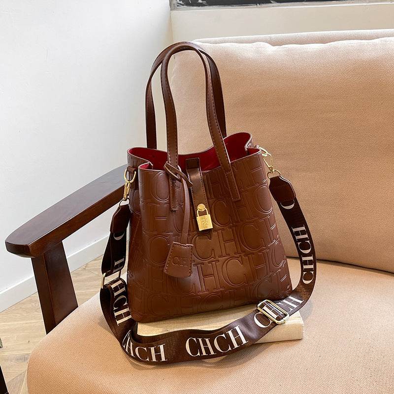 Letter Embossed Solid Color Retro Classic One-Shoulder Portable Commuter Bucket Bag - grabzbags.com