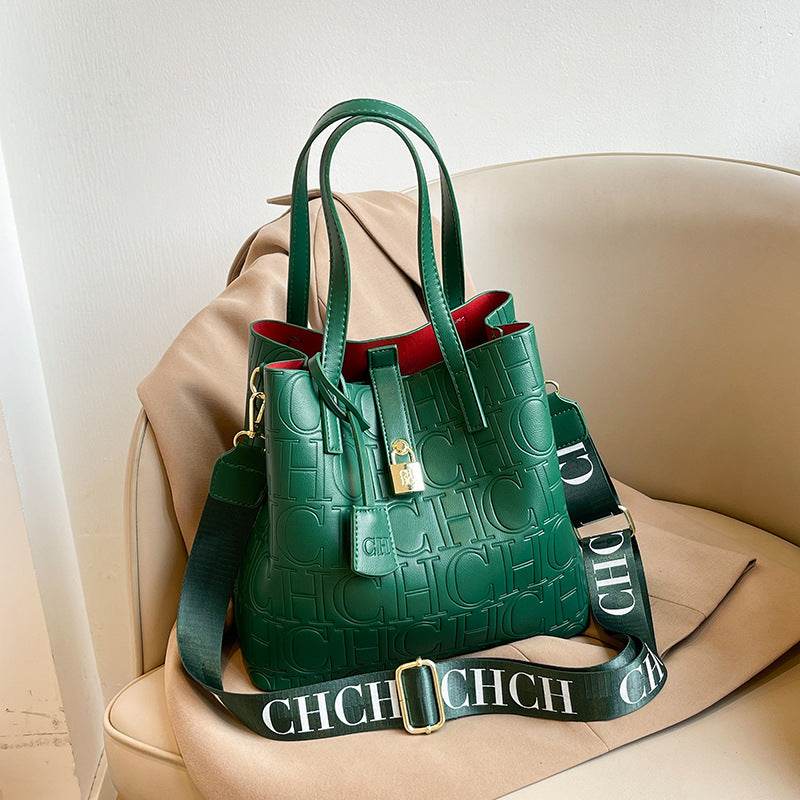 Letter Embossed Solid Color Retro Classic One-Shoulder Portable Commuter Bucket Bag - grabzbags.com