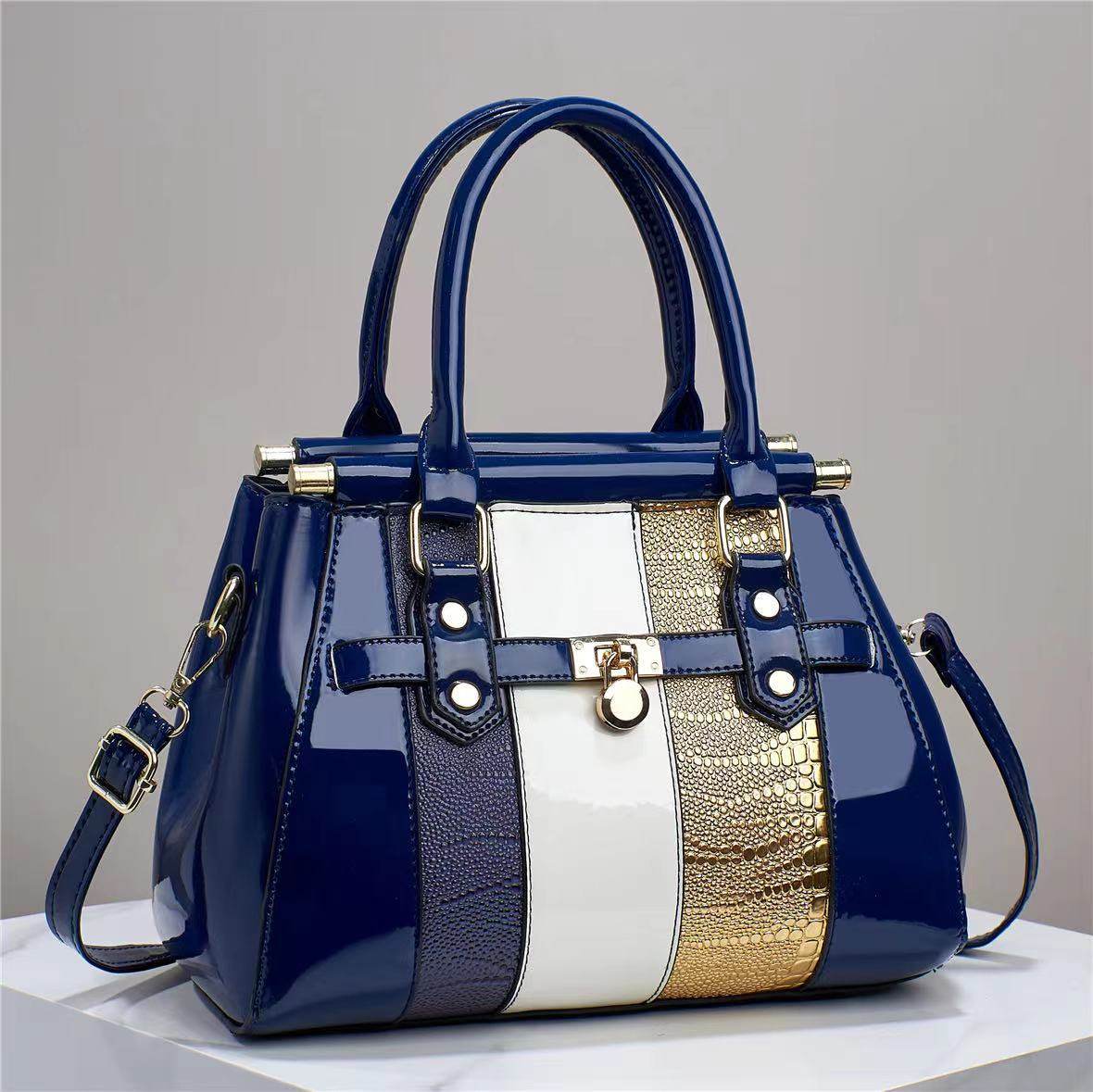 Vertical Stitching Large Capacity Shoulder Bag – Bright Leather with Lizard Pattern - grabzbags.com