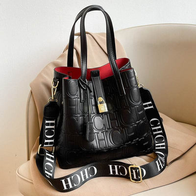 Letter Embossed Solid Color Retro Classic One-Shoulder Portable Commuter Bucket Bag - grabzbags.com