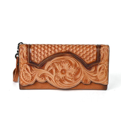 Premium Chinese Style Embossed Long Wallet – Top Grain Cowhide Leather Fashion Purse for Women - grabzbags.com