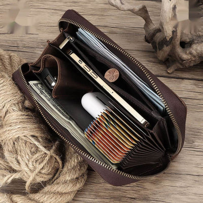 Vintage Genuine Leather Wallet – First Layer Cowhide with Zipper & Multiple Card Slots - grabzbags.com
