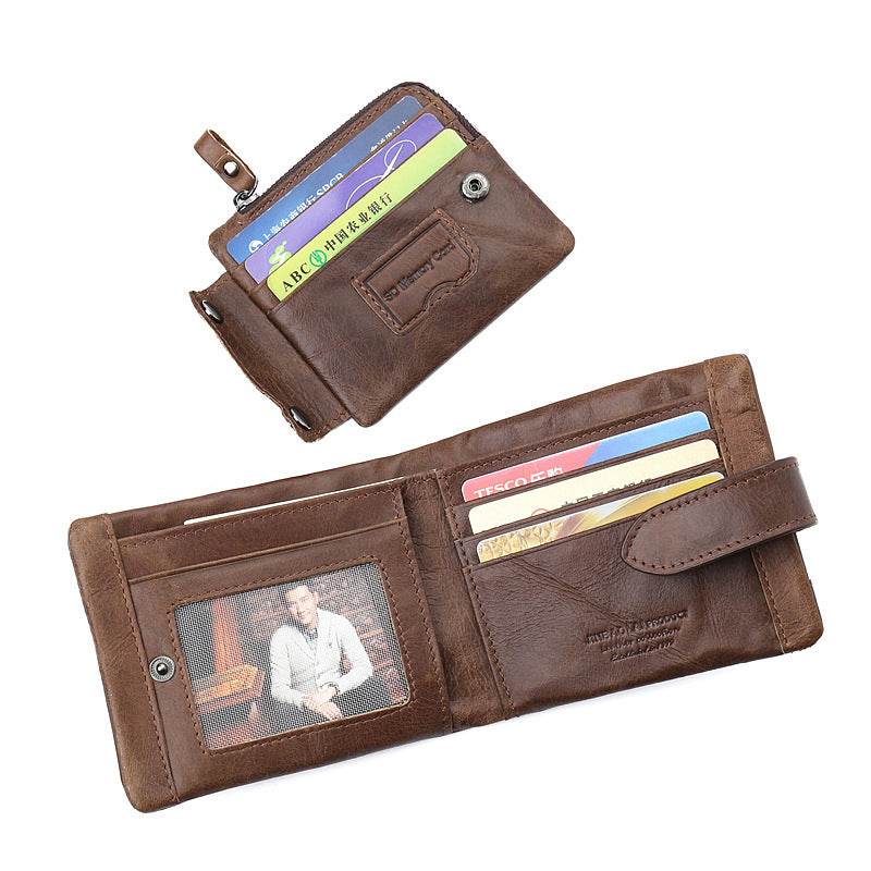 Men’s Vintage Leather Wallet – First Layer Cowhide Short Wallet with Zipper & Buckle - grabzbags.com