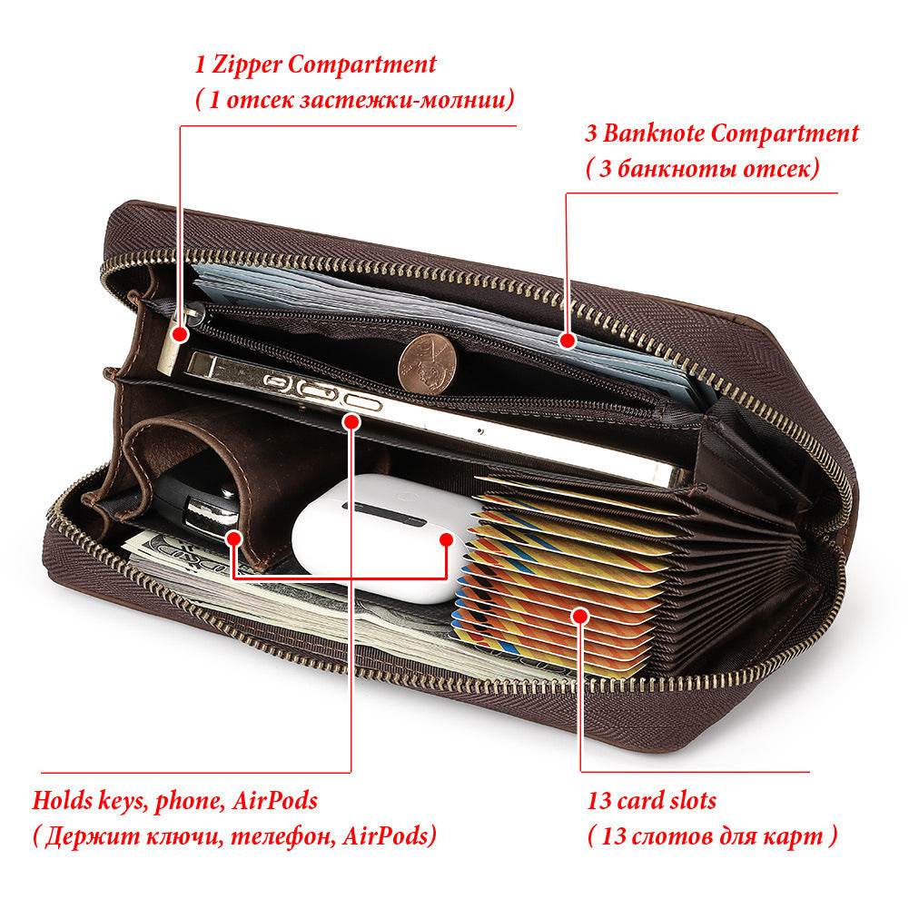 Vintage Genuine Leather Wallet – First Layer Cowhide with Zipper & Multiple Card Slots - grabzbags.com