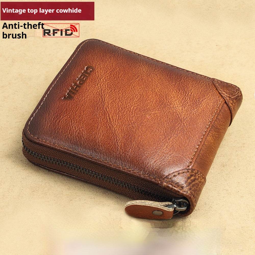 Men’s Short Leather Wallet – RFID Anti-Theft Zipper Wallet with Multifunctional Design - grabzbags.com