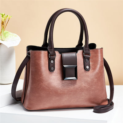 Women’s Large PU Leather Shoulder Bag – Big Buckle Crossbody Handbag for Work & Daily Use, Lychee Pattern Splicing Tote with Zipper Closure