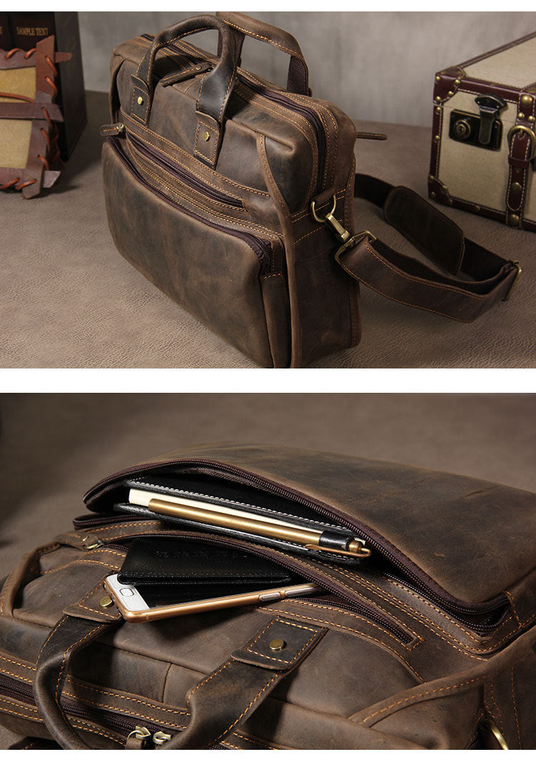 Men’s Vintage Leather Laptop Briefcase – Cowhide Crossbody Bag