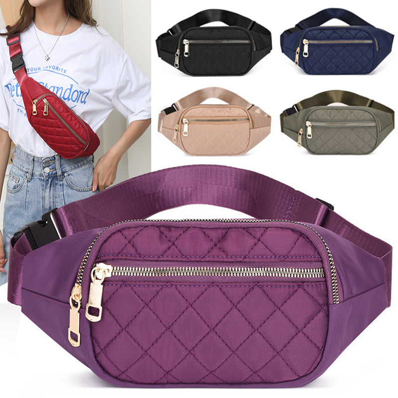 Trendy women’s nylon fanny pack with multiple pockets. Lightweight, durable crossbody waist bag perfect for running, hiking, cycling, and travel.
