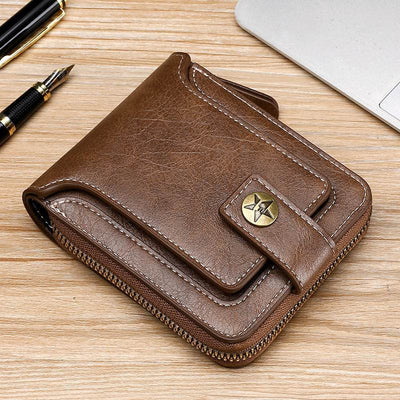 Men’s Retro Leather Wallet – Horizontal Bifold with Zipper Coin Pocket & Card Slots - grabzbags.com