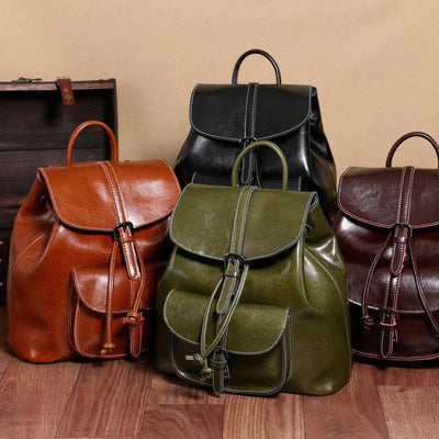 Women’s Korean Style Cowhide Backpack – Drawstring Pocket Leather Bag - grabzbags.com