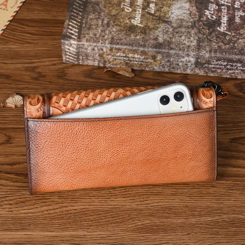 Premium Chinese Style Embossed Long Wallet – Top Grain Cowhide Leather Fashion Purse for Women - grabzbags.com