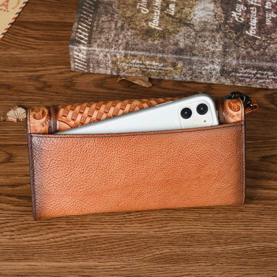 Premium Chinese Style Embossed Long Wallet – Top Grain Cowhide Leather Fashion Purse for Women - grabzbags.com