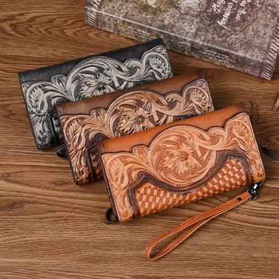 Premium Chinese Style Embossed Long Wallet – Top Grain Cowhide Leather Fashion Purse for Women - grabzbags.com